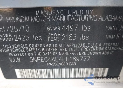 2011 Hyundai Sonata Se 2.0T z USA, uszkodzony, nr VIN 5NPEC4AB4BH189777